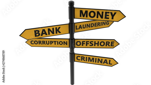 Signpost with Money laundering concept in yellow color on white