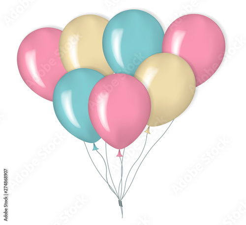 Color balloon bunch isolated on white background, realistic vector illustration. Flying glossy helium balloons