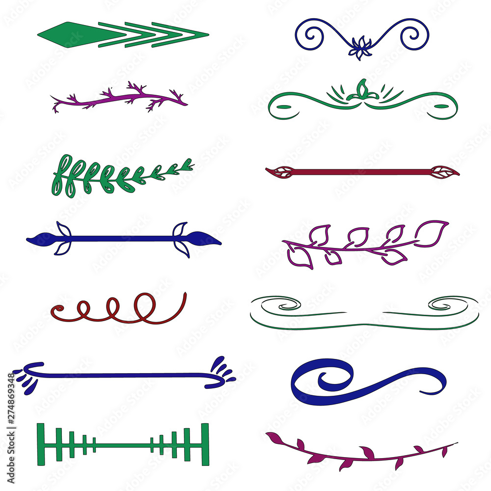 Dividers. Set of retro text divider and decorative calligraphic lines. Vector illustration arrow, floral ornament, laurels. Colorful delimiters page. Doodle design elements. Cute hand drawn sketched. Dividers. Set of retro text divider and decorative calligraphic lines. Vector illustration arrow, floral ornament, laurels. Colorful delimiters page. Doodle design elements. Cute hand drawn sketched.
