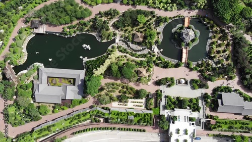 the areal view of temple and garden in hong kong