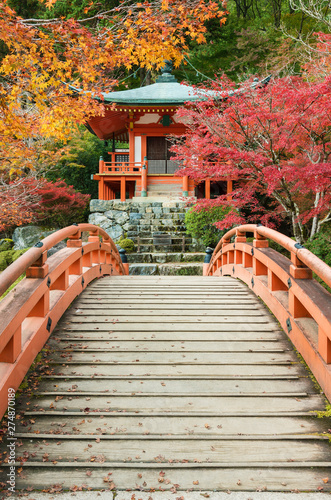 Fototapeta pawilon i most w ogrodzie japońskim w świątyni Daigoji jesienią, Kioto, Japonia