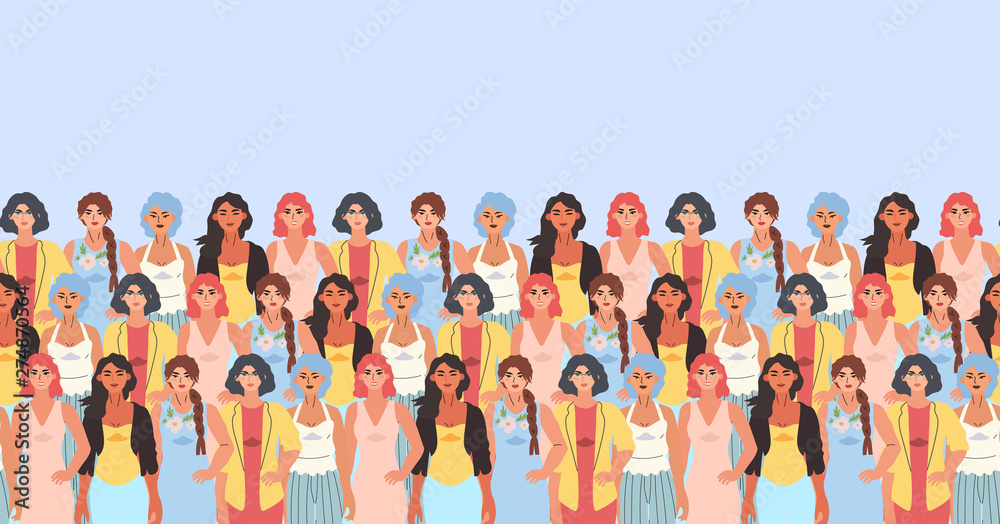 Vector illustration of diverse beautiful strong women that are fighting for equality and rights. International women day seampless pattern for wrapping, textile, fabric, wallpaper and other decor.