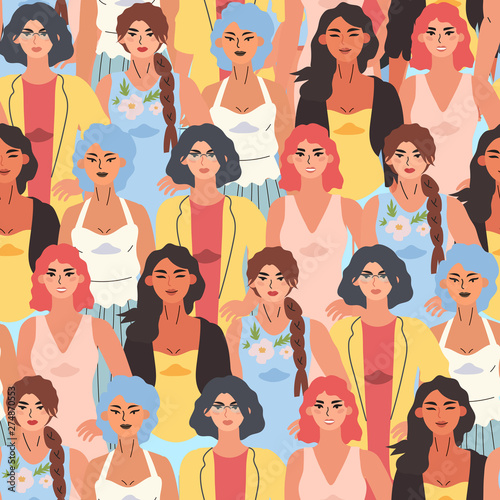 Vector illustration of diverse beautiful strong women that are fighting for equality and rights. International women day seampless pattern for wrapping, textile, fabric, wallpaper and other decor.