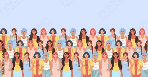 Vector illustration of diverse beautiful strong women that are fighting for equality and rights. International women day seampless pattern for wrapping, textile, fabric, wallpaper and other decor.