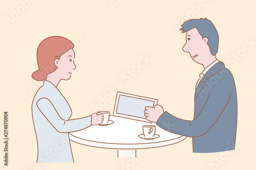 Man and woman are talking about working in the company during a coffee break. Hand drawn style vector design illustration