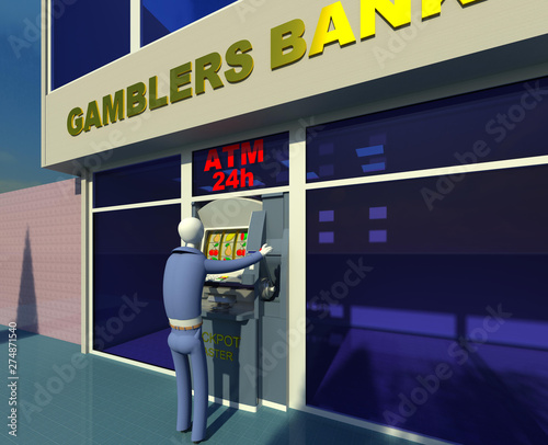 Innovative ATM for arcade addicts 3D illustration 2. Bank ATM combined with fruit machine, character trying his luck. Collection.