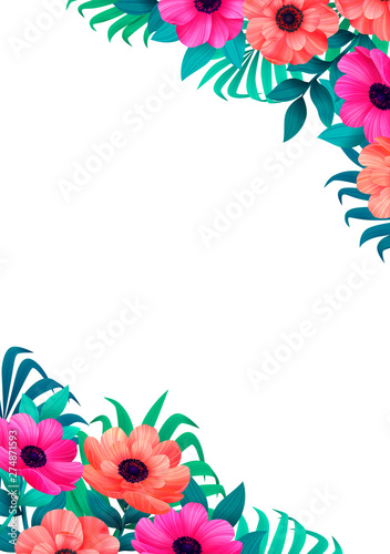 floral frame, corner design. Beautiful wild garden. Color pencil digital illu...
