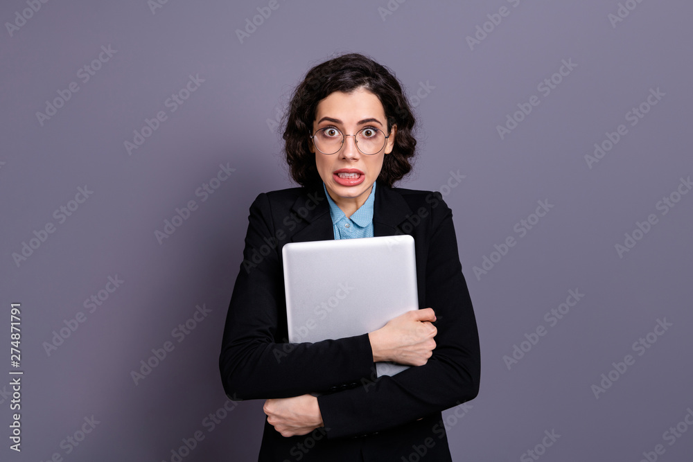 Portrait of frustrated disappointed lady economist hold hand modern technology fail lose report wavy curly haircut isolated grey background trendy stylish hold hand wear black blazer Portrait of frustrated disappointed lady economist hold hand modern technology fail lose report wavy curly haircut isolated grey background trendy stylish hold hand wear black blazer