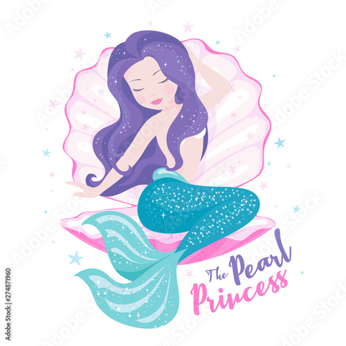 Beautiful mermaid with shell for t shirts or kids fashion artworks  children books. Fashion illustration drawing in modern style. Cute Mermaid. Girl print
