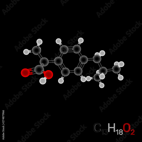 Ibuprofen model molecule. Isolated on black background. Luminance effect.