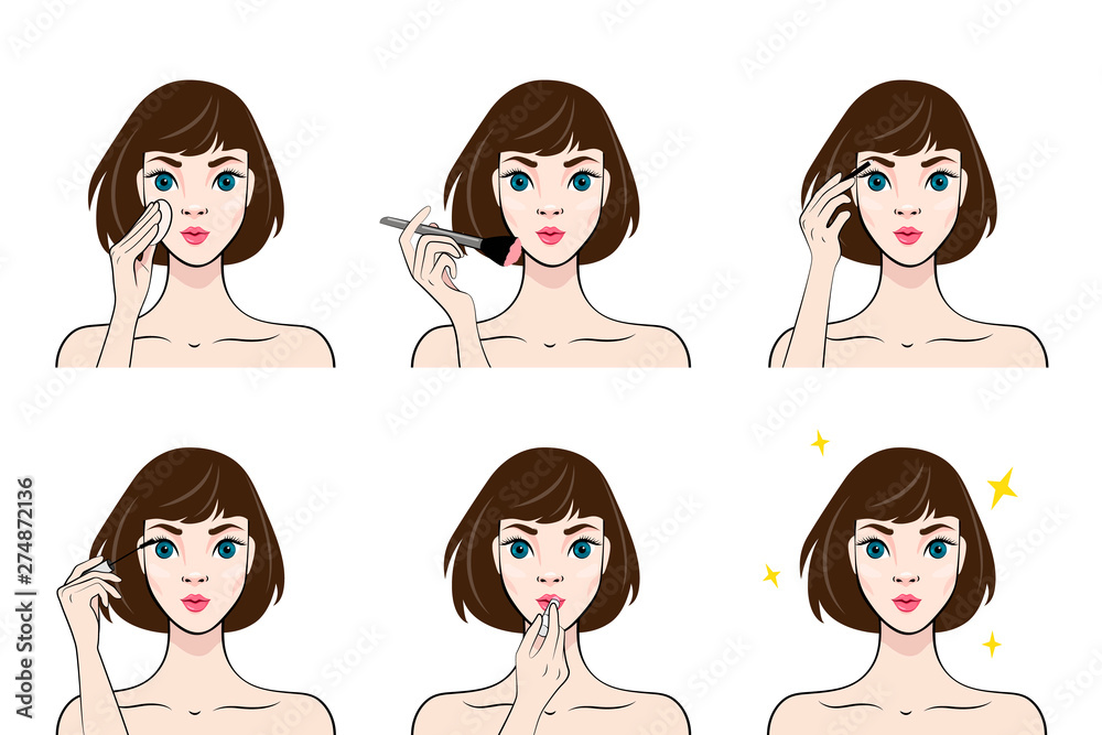 Young Woman Makes Up With Various Actions Set. Steps. Cosmetic. Beauty, Makeup. Healthy. Vector illustration in cartoon style Young Woman Makes Up With Various Actions Set. Steps. Cosmetic. Beauty, Makeup. Healthy. Vector illustration in cartoon style