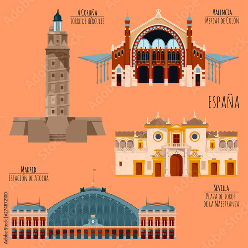 Sights of Spain. Madrid, Railway station Atocha, A Coruna, Tower of Hercules, Seville, Bullring Maestranza, Valencia, Columbus Market.