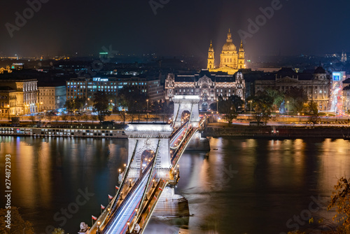 Night aerial view of the famous Széchenyi Chain Bridge with Four Seasons Hotel Gresham Palace