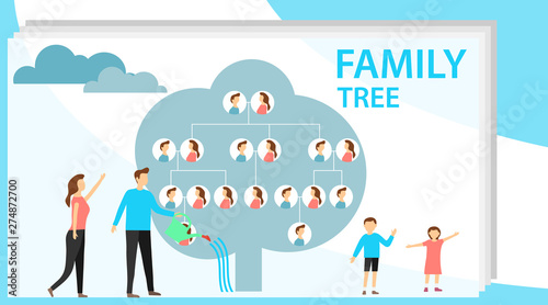 Family tree in modern flat illustration. A man is watering a family tree with photos of relatives, and a pregnant wife is standing nearby. Human genealogical heritage collection