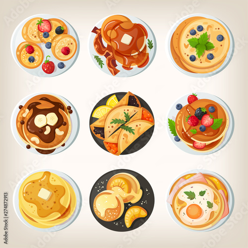 PrintSet of delicious pancake dishes. Isolated vector images. View from above.