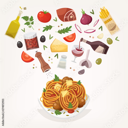 Famous dish of italian cuisine. Pasta with meatballs, tomato sauce and cheese. Throw ingredients in the air and get a perfect spaghetti Bolognese on a plate. Vector illustration.