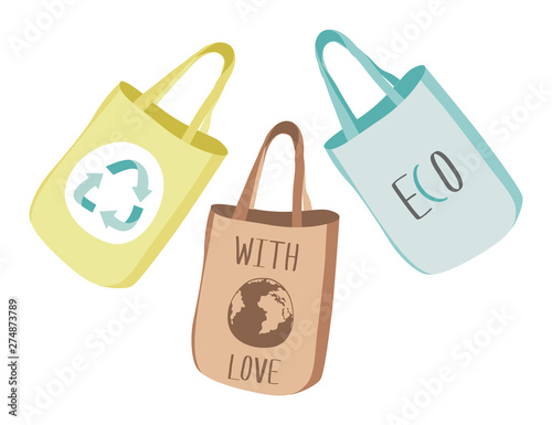 Eco fabric cloth and paper bag with ECO symbols.