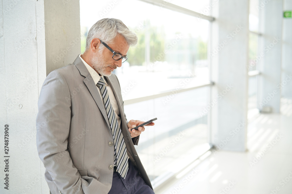 Businessman standing in office building looking at cellphone