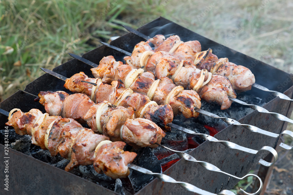 Food on the fire, picnic. Cooking grilled fragrant tasty hot barbecue shashlik on coals on the grill of pickled meat of pork, lamb and beef with onions on skewers