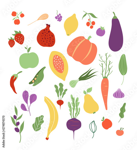 Vegetables fruit. Fruits vegetable food healthy logo vegetal meal clipart isolated set. Vector pumpkin and lemon, pea and banana, beet and carrot illustration
