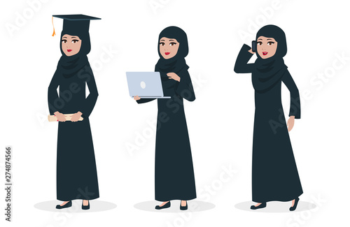 Modern arab woman vector character. Muslim woman graduate and business lady illustration. Arabic business woman in traditional dress