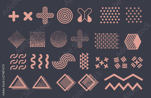 Memphis graphic vector elements. Funky geometric shapes and halftones collection. Illustration of wave and zigzag, stroke funky memphis, composition trend photo