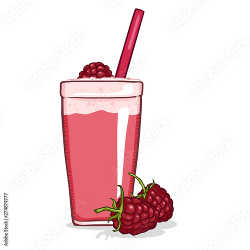 Glass of Raspberry Shake. Vector Cartoon Illustration