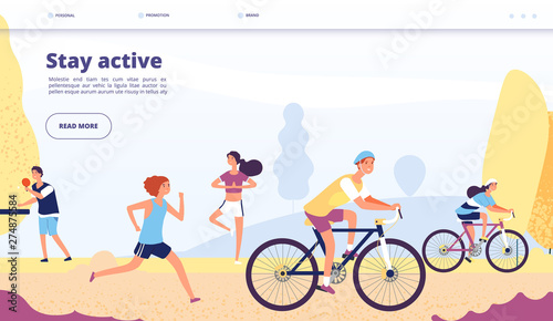 Active lifestyle landing. People cycling, fitness exercises. Persons riding bike, running in autumn park, athletic app vector page. Illustration of active autumn park, cycling and riding