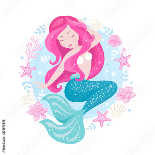 Badges. Beautiful mermaid for t shirts or kids fashion artworks, children books. Fashion illustration drawing in modern style. Cute Mermaid. Girl print