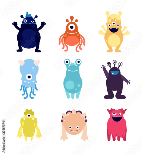 Cute monsters. Funny monster aliens mascots. Crazy hungry halloween toys isolated cartoon vector characters. Illustration of mascot alien, funny monster mutant