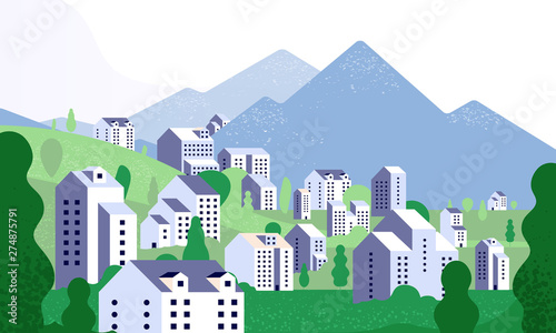 Minimal cityscape. Nature landscape with modern buildings. City street in summer environment. Vector background minimalist style. Illustration of building city panorama mountain, architecture street