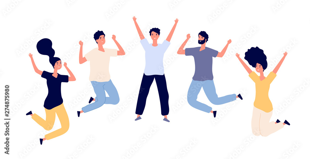 Jumping young happy people. Man and woman teenagers celebrating jump, flying persons in air. Flat vector characters isolated set. People young excited and celebrating, positive success illustration Jumping young happy people. Man and woman teenagers celebrating jump, flying persons in air. Flat vector characters isolated set. People young excited and celebrating, positive success illustration