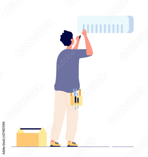 Air conditioner repair. Man technician doing maintenance air conditioners. AC home fixing, house conditioning service vector concept. Illustration of man repair conditioner, install or fix