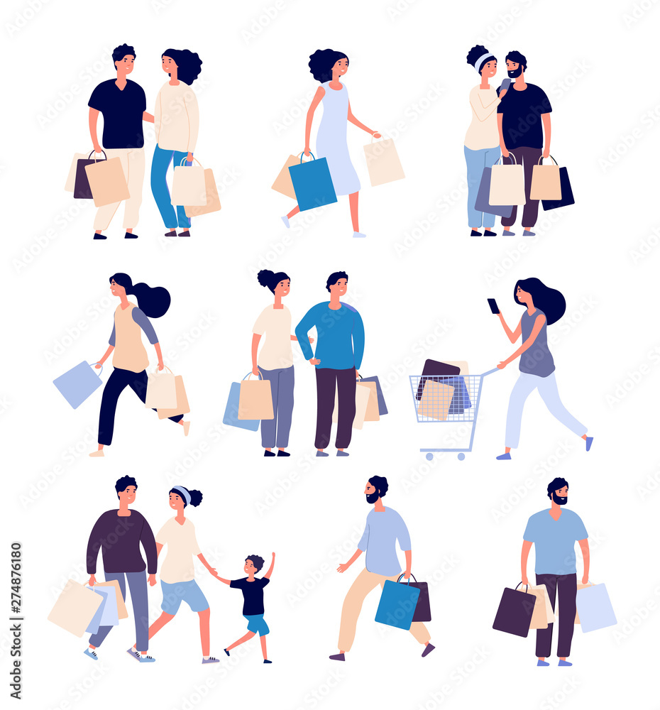 Shopping people set. Man and woman with shopping card buying product in grocery store. Isolated shopper cartoon vector characters set. Illustration of man and woman do shopping