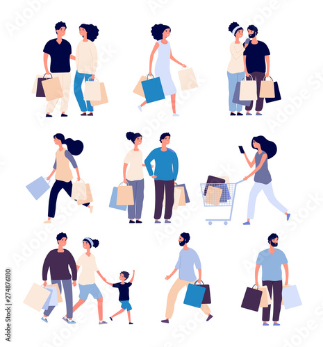 Shopping people set. Man and woman with shopping card buying product in grocery store. Isolated shopper cartoon vector characters set. Illustration of man and woman do shopping photo
