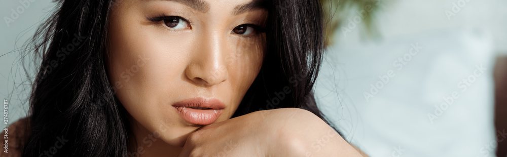Fototapeta premium panoramic shot of beautiful asian young woman looking at camera