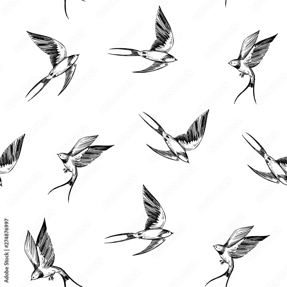 Fototapeta premium Seamless patterns with swallows. Vector outline