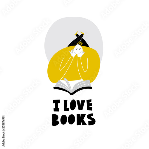 Vector cartoon flat illustration of male, lying and reading book. Phrase I love books. Isolated on white.