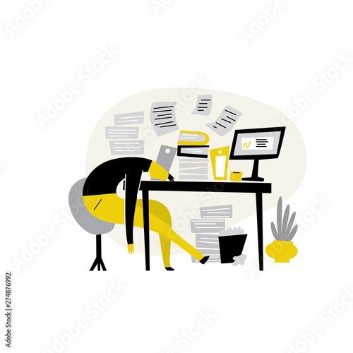 Funny flat vector illustration of tired male, lying on his work table at the office. Procrastination, professional burnout.