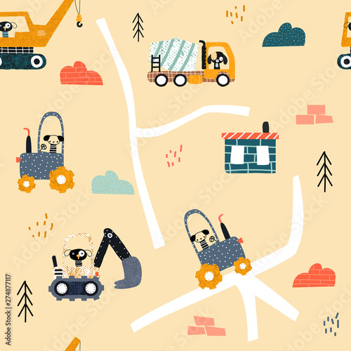 Seamless pattern with dog and construction transport. Funny kids print. Vector hand drawn illustration.