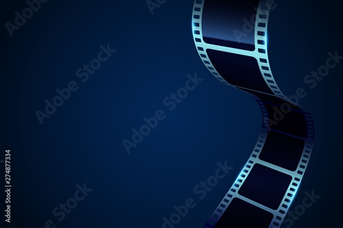 Cinema Flyer or Poster Festival with Film Strip wave. 3d movie art blank isolated on blue background. Template For Your Design. Cinematography concept of film industry. Vector illustration.