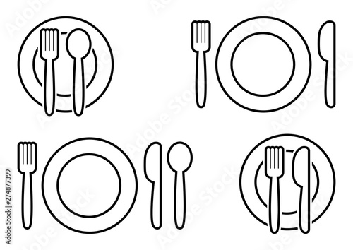 Black set of cutlery. Fork, spoon, knife and plate, outline design. Vector illustration