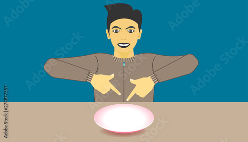 free space on dish for your food promotion. a man pointing finger to a ware for meal recommended. vector illustration eps10