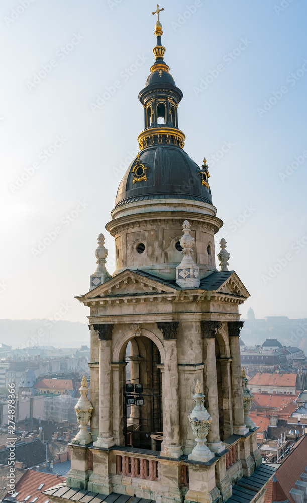 Tower of the St. Stephen's Basilica and aerial cityscape