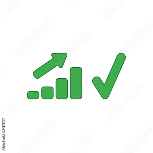 Vector icon concept of sales bar chart moving up with green check mark.