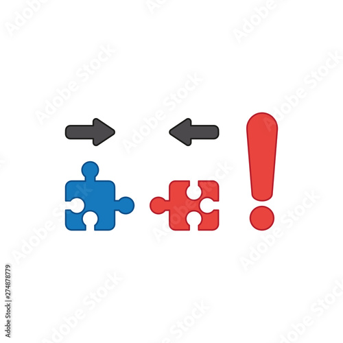 Vector icon concept of two pieces of jigsaw puzzle pieces that are incompatible with each other and red exclamation mark.