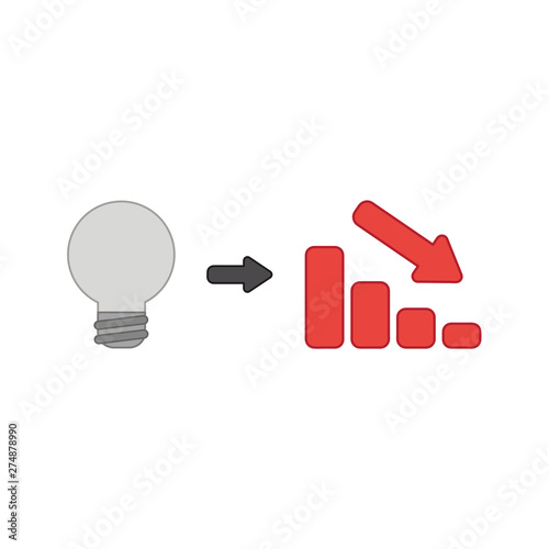 Vector icon concept of light bulb idea with sales bar chart moving down.