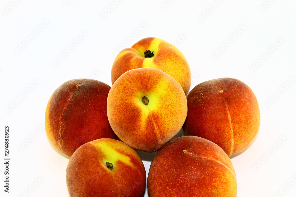 Six healthy and tasty peaches on a white background Six healthy and tasty peaches on a white background