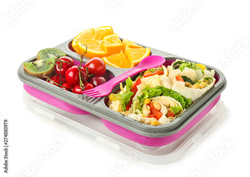 School lunch box with tasty food on white background