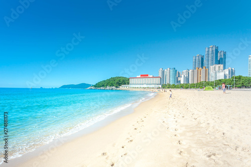 sea beach blue sky sand sun daylight relaxation landscape viewpoint in Haeundae beach in summer at Busan in Korea. © panyaphotograph